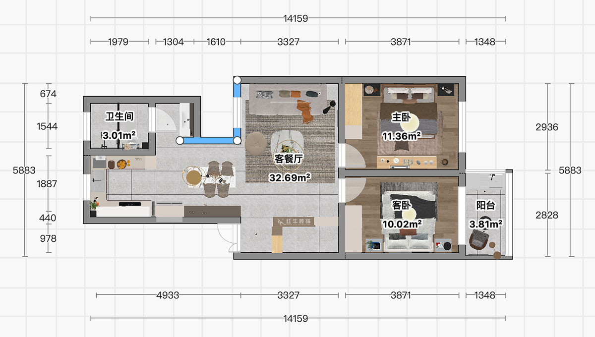 顾娟｜曹后村30号大院4-3-304-75㎡-现代风格｜2室2厅1卫｜旧房装修｜定制家｜全包12
